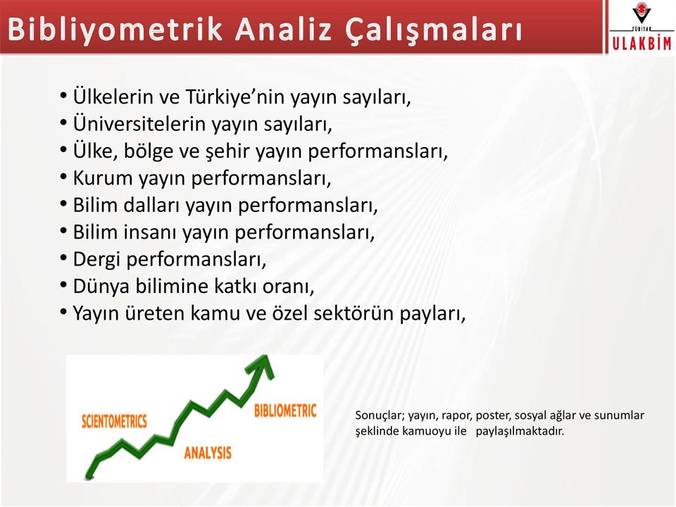 Bilim insanı yayın performansları, Dergi performansları, Dünya bilimine katkı oranı, Yayın üreten kamu ve