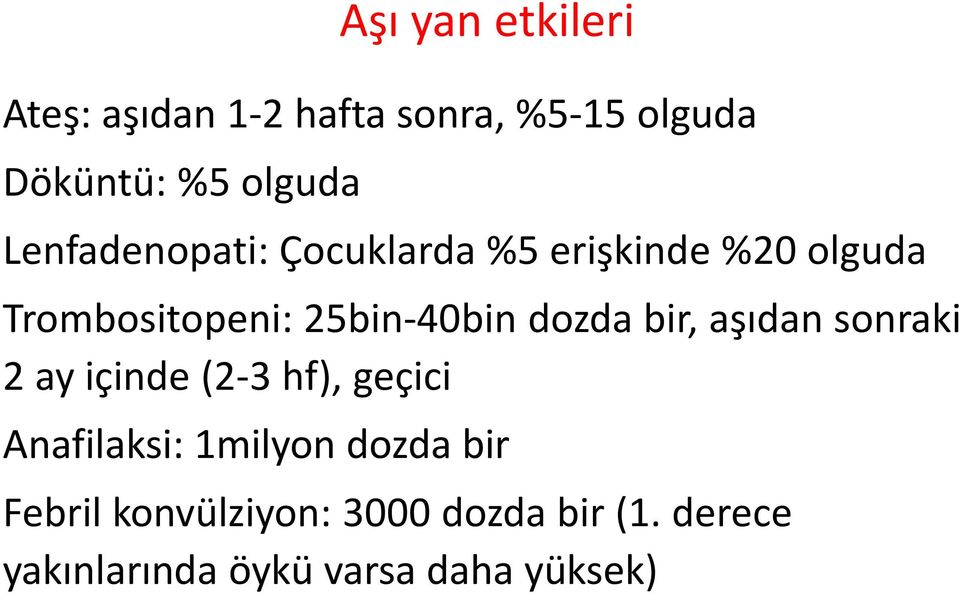 dozda bir, aşıdan sonraki 2 ay içinde (2-3 hf), geçici Anafilaksi: 1milyon dozda