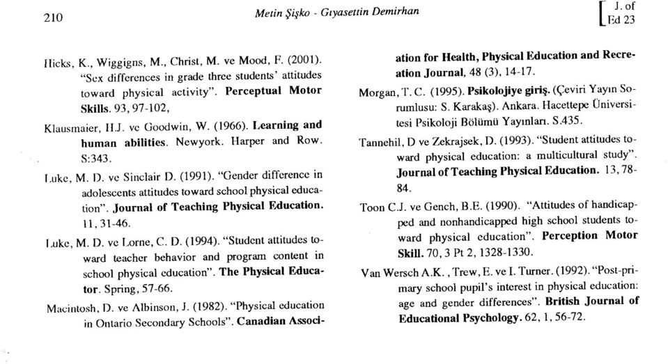 "Gender difference in adolescents auitudes toward school physical edueation". Journal of Teaching Physical Education. 11,31-46. Luke, M. D. ve Lome, C. D. (1994).