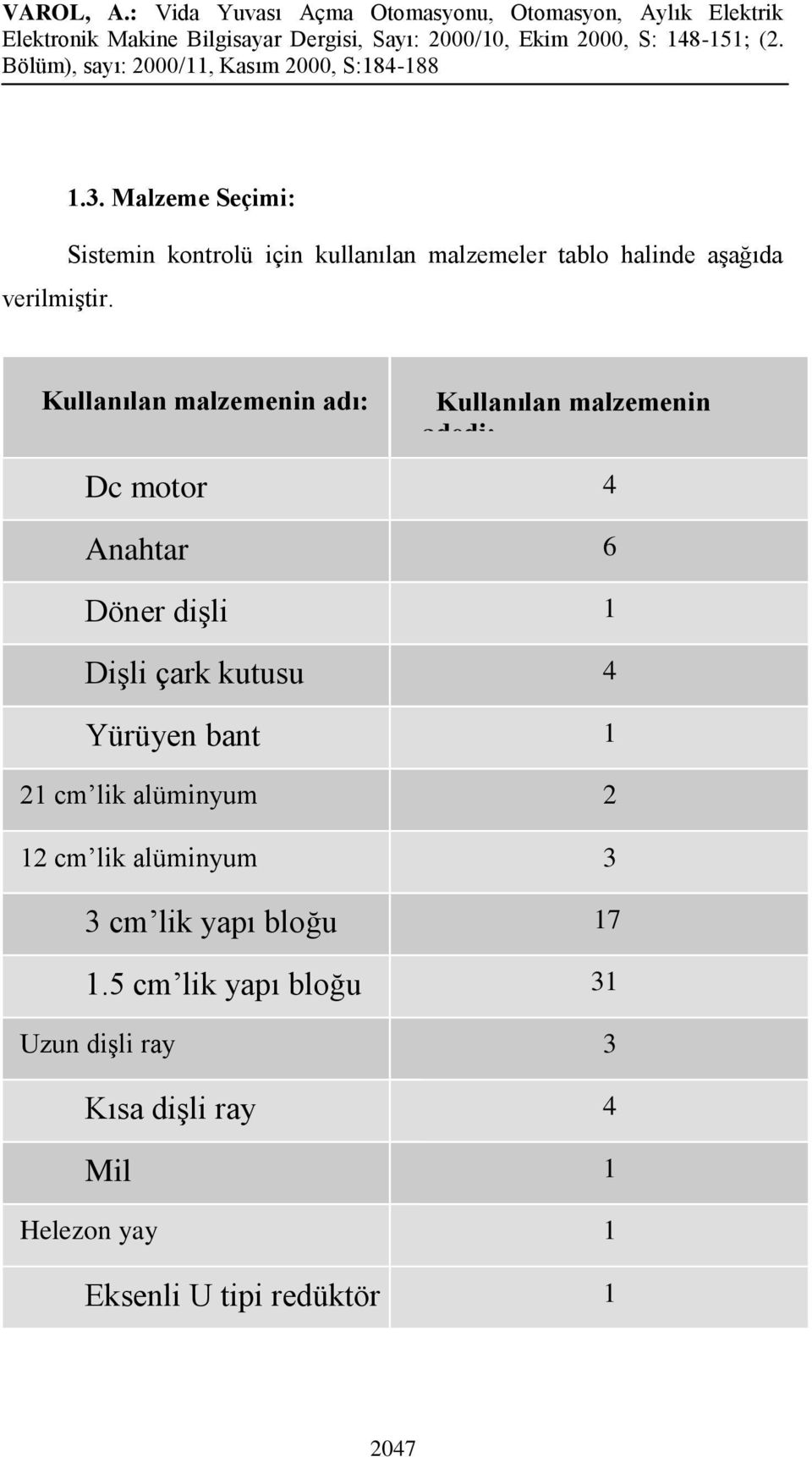 malzemenin adı: Kullanılan malzemenin adedi: Dc motor 4 Anahtar 6 Döner dişli 1 Dişli çark kutusu 4