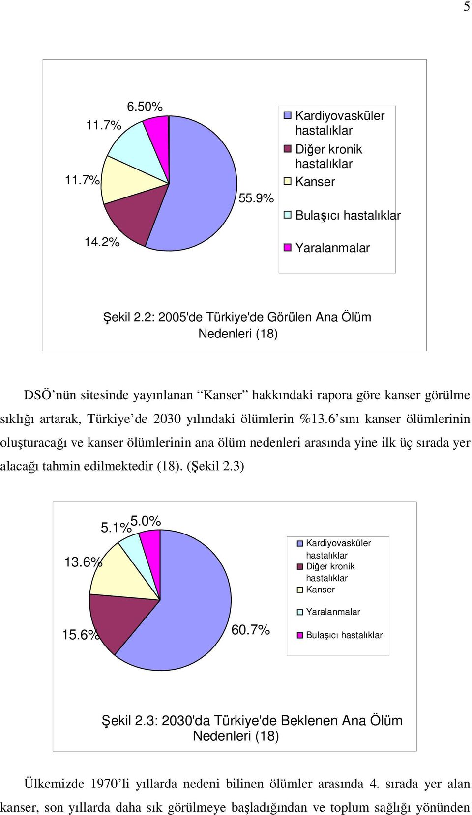 6 sını kanser ölümlerinin oluşturacağı ve kanser ölümlerinin ana ölüm nedenleri arasında yine ilk üç sırada yer alacağı tahmin edilmektedir (18). (Şekil 2.3) 5.1% 5.0% Kardiyovasküler 13.6% 15.6% 60.