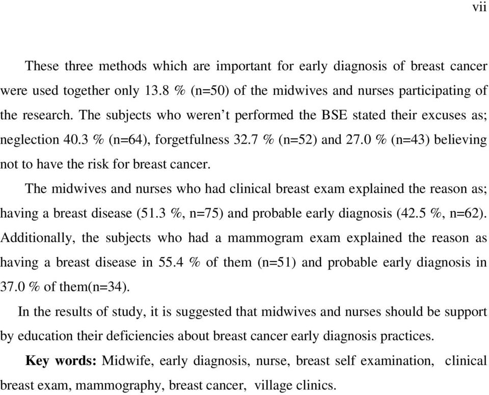 The midwives and nurses who had clinical breast exam explained the reason as; having a breast disease (51.3 %, n=75) and probable early diagnosis (42.5 %, n=62).