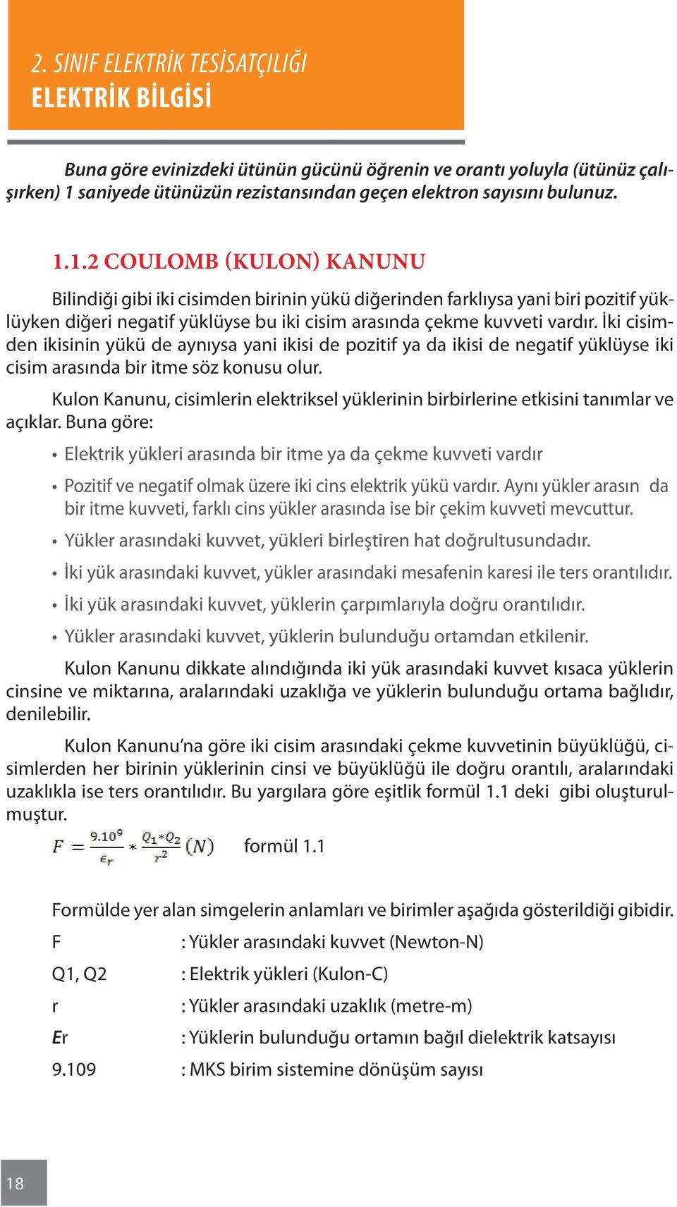 1.2 Coulomb (Kulon) Kanunu Bilindiği gibi iki cisimden birinin yükü diğerinden farklıysa yani biri pozitif yüklüyken diğeri negatif yüklüyse bu iki cisim arasında çekme kuvveti vardır.