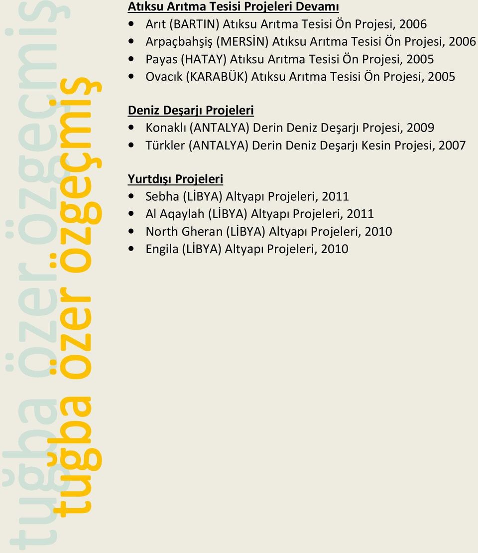 (ANTALYA) Derin Deniz Deşarjı Projesi, 2009 Türkler (ANTALYA) Derin Deniz Deşarjı Kesin Projesi, 2007 Yurtdışı Projeleri Sebha (LİBYA) Altyapı