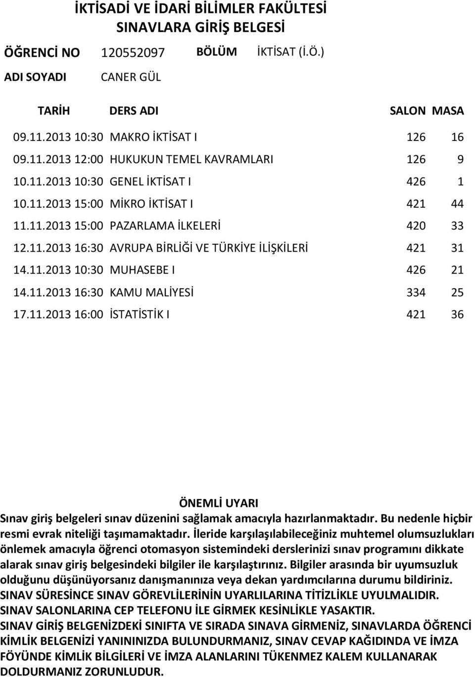 11.2013 16:30 AVRUPA BİRLİĞİ VE TÜRKİYE İLİŞKİLERİ 421 31 14.11.2013 10:30 MUHASEBE I 426 21 14.11.2013 16:30 KAMU MALİYESİ 334 25 17.