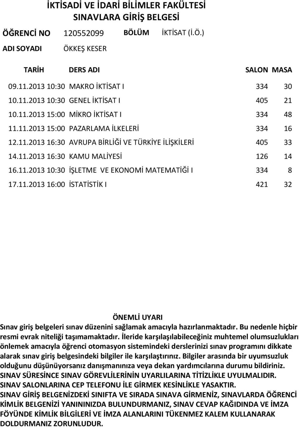 11.2013 16:30 KAMU MALİYESİ 126 14 16.11.2013 10:30 İŞLETME VE EKONOMİ MATEMATİĞİ I 334 8 17.11.2013 16:00 İSTATİSTİK I 421 32