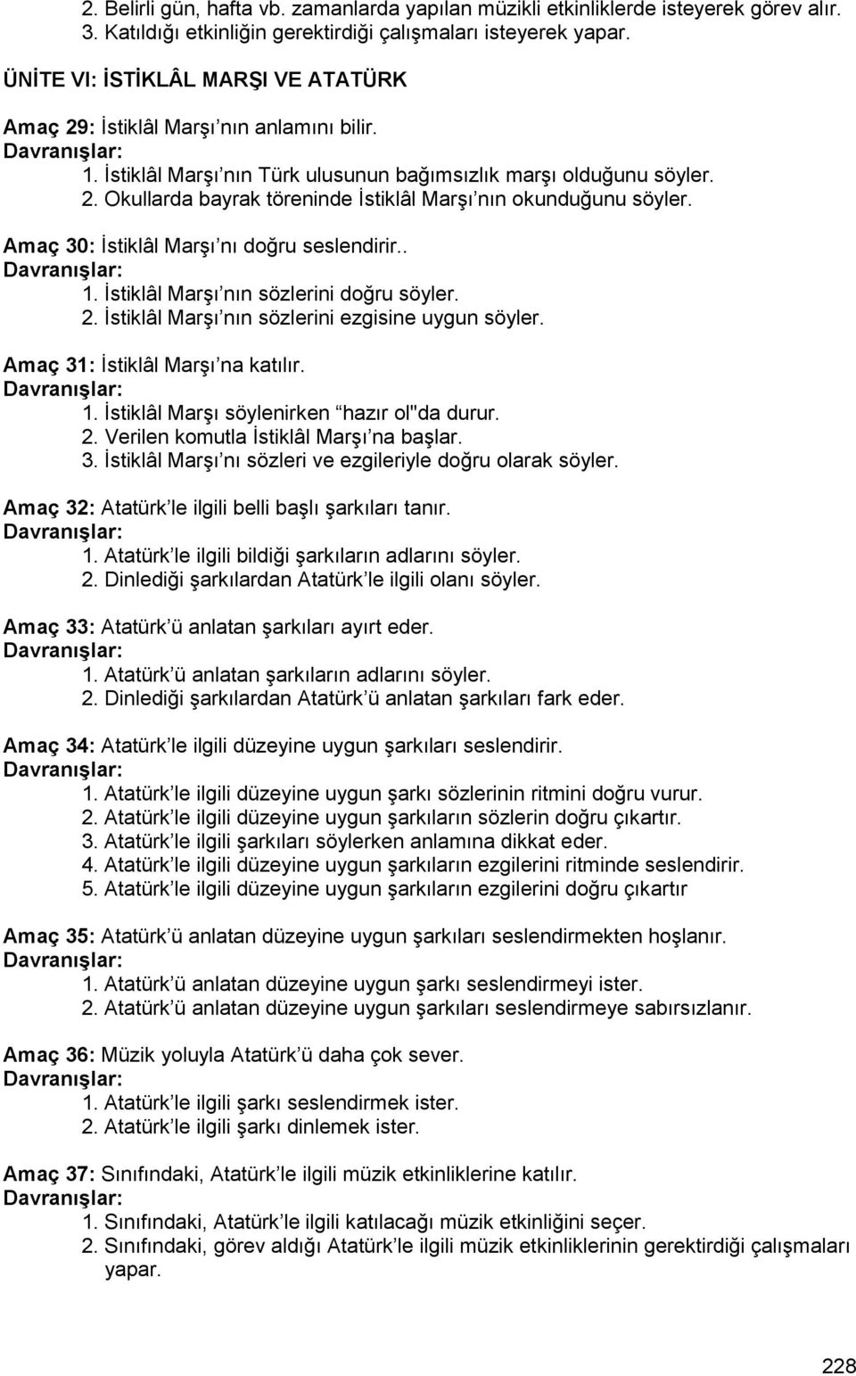 Amaç 30: İstiklâl Marşı nı doğru seslendirir.. 1. İstiklâl Marşı nın sözlerini doğru söyler. 2. İstiklâl Marşı nın sözlerini ezgisine uygun söyler. Amaç 31: İstiklâl Marşı na katılır. 1. İstiklâl Marşı söylenirken hazır ol"da durur.