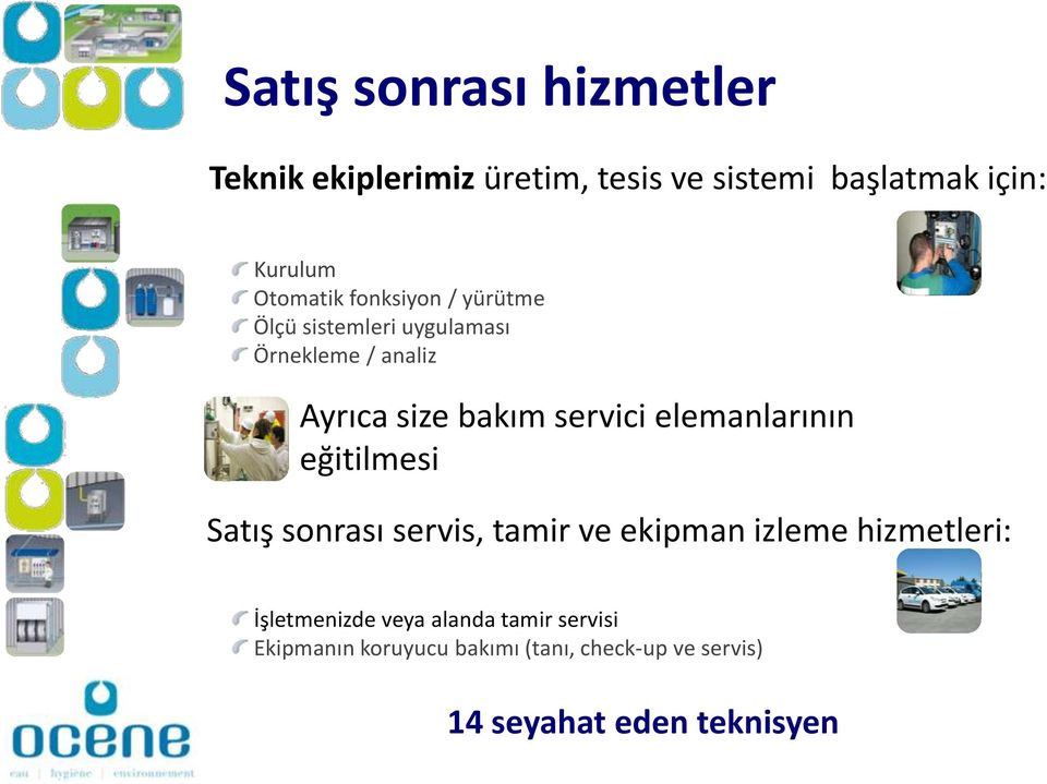 servici elemanlarının eğitilmesi Satış sonrası servis, tamir ve ekipman izleme hizmetleri: