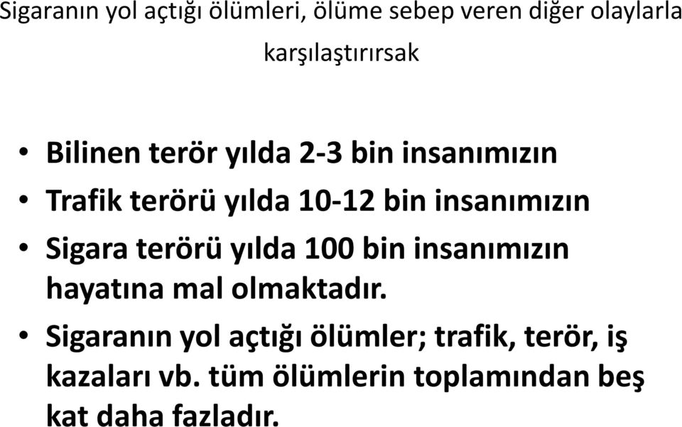 Sigara terörü yılda 100 bin insanımızın hayatına mal olmaktadır.