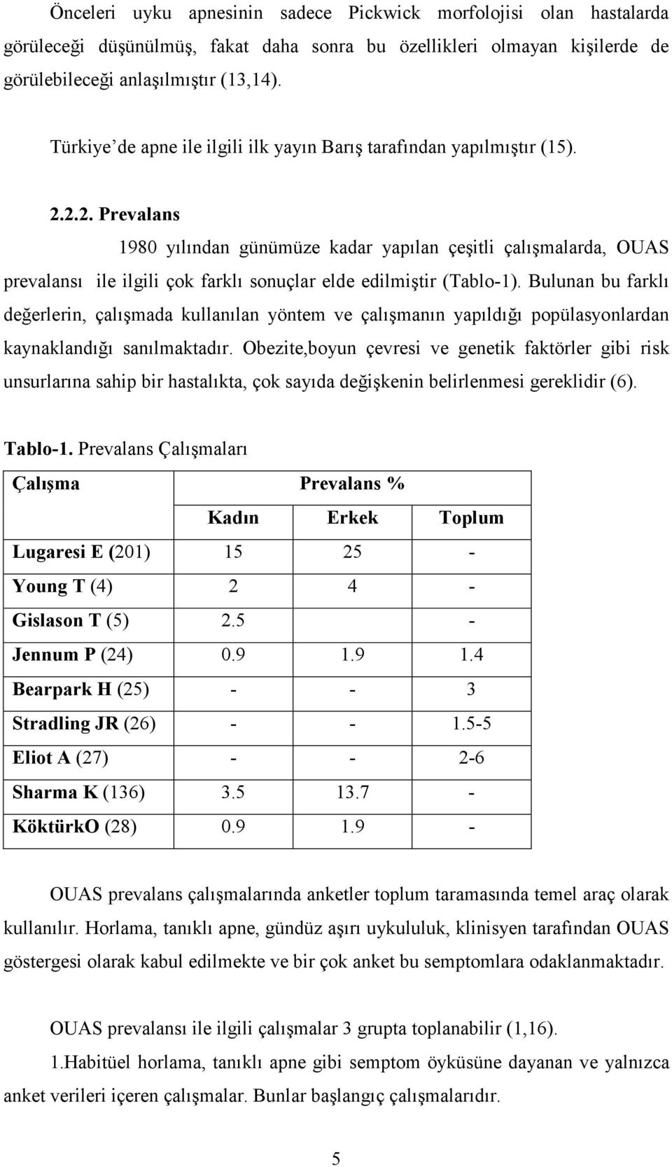 2.2. Prevalans 1980 yılından günümüze kadar yapılan çeşitli çalışmalarda, OUAS prevalansı ile ilgili çok farklı sonuçlar elde edilmiştir (Tablo-1).