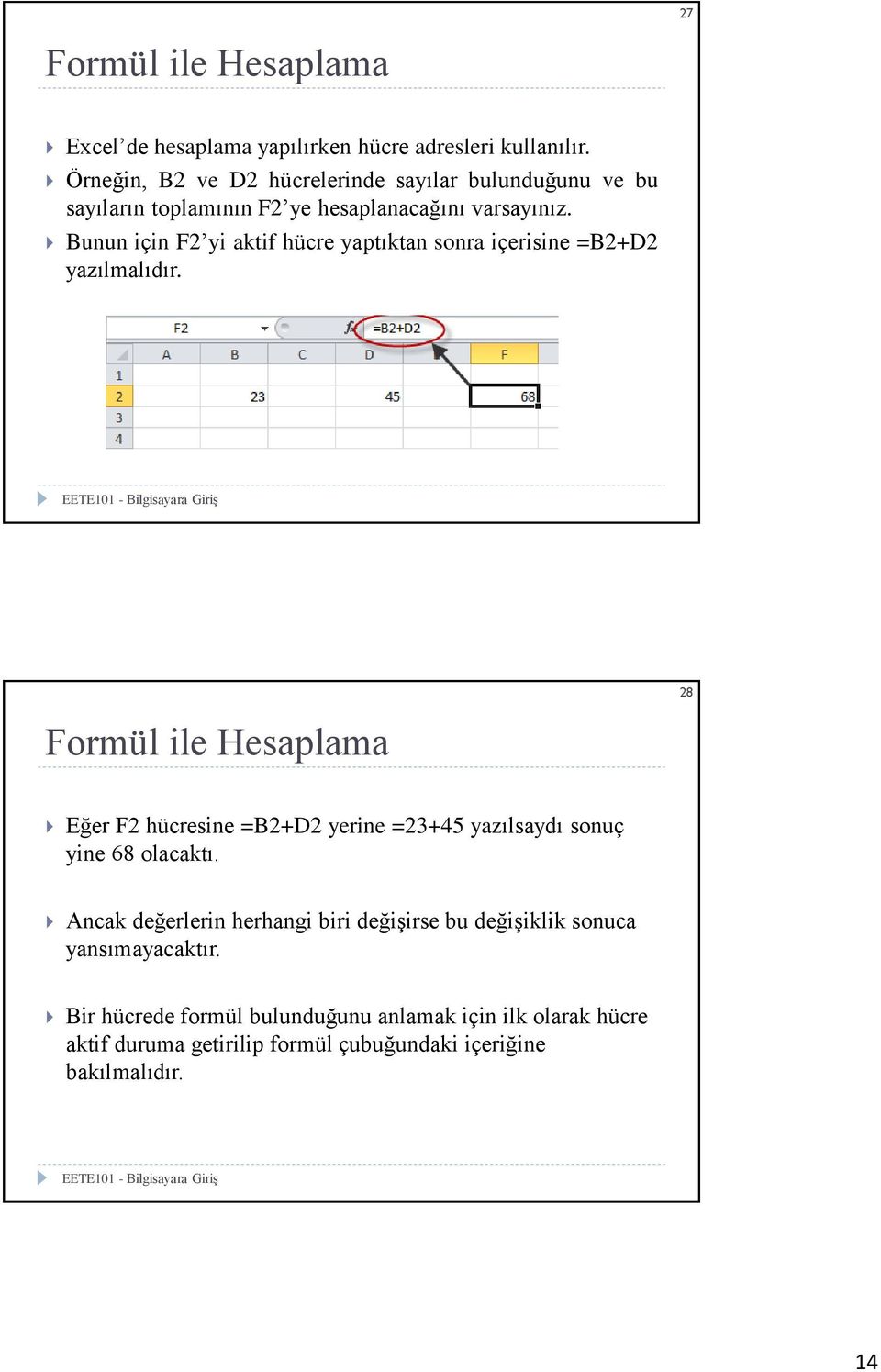 Bunun için F2 yi aktif hücre yaptıktan sonra içerisine =B2+D2 yazılmalıdır.