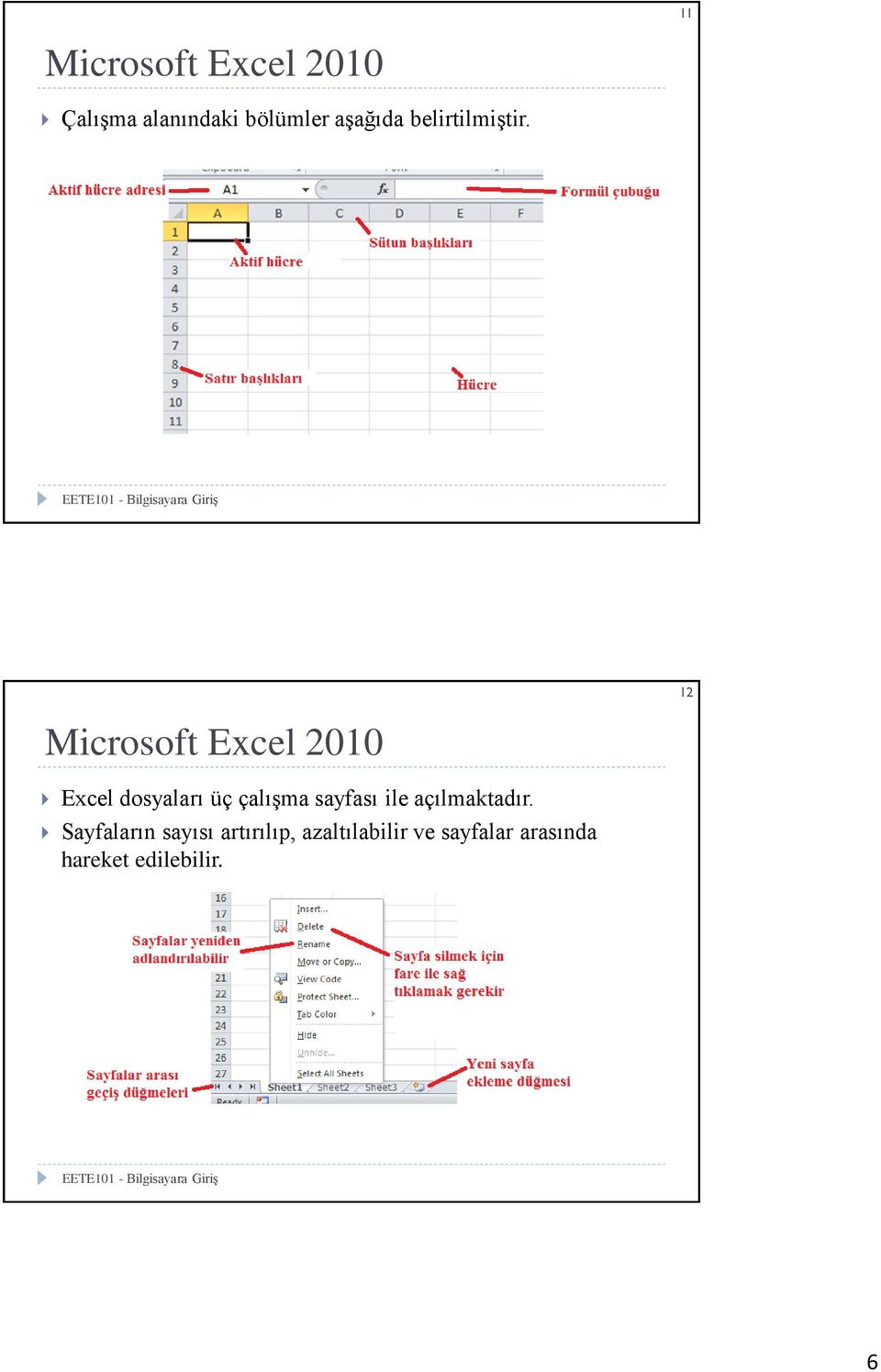 12 Microsoft Excel 2010 Excel dosyaları üç çalışma sayfası