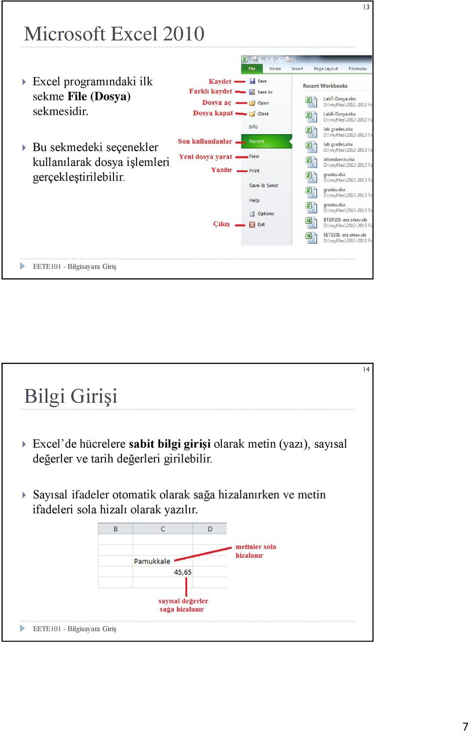 Bilgi Girişi 14 Excel de hücrelere sabit bilgi girişi olarak metin (yazı), sayısal değerler ve