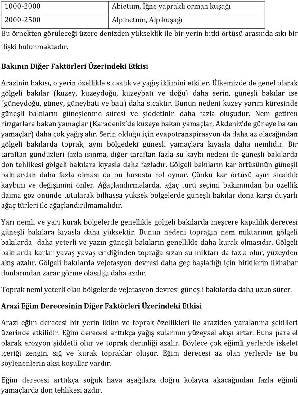 Ülkemizde de genel olarak gölgeli bakılar (kuzey, kuzeydoğu, kuzeybatı ve doğu) daha serin, güneşli bakılar ise (güneydoğu, güney, güneybatı ve batı) daha sıcaktır.