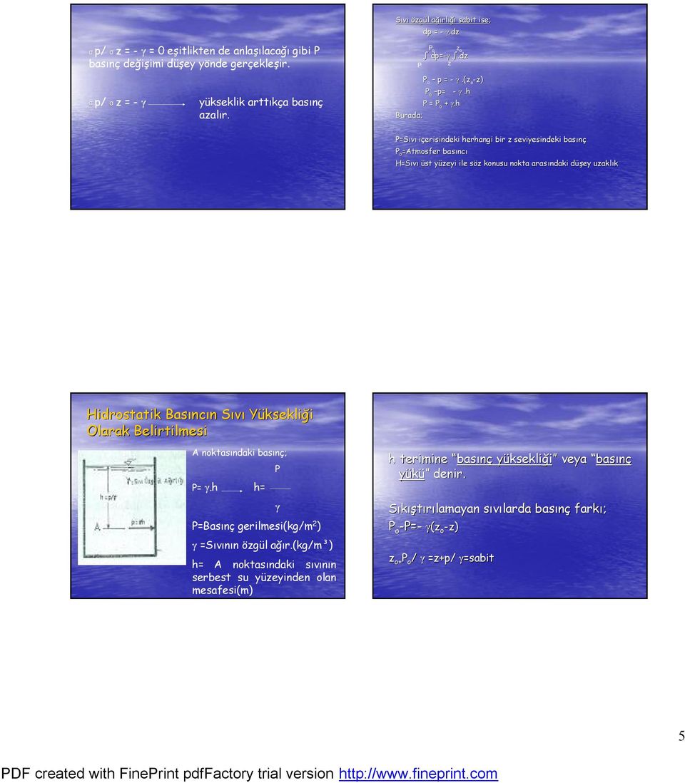 h P=Sıvı içerisindeki herhangi bir z seviyesindeki basınç P o =tmosfer basıncı H=Sıvı üst yüzeyi ile söz konusu nokta arasındaki düşey uzaklık Hidrostatik Basıncın Sıvı Yüksekliği larak