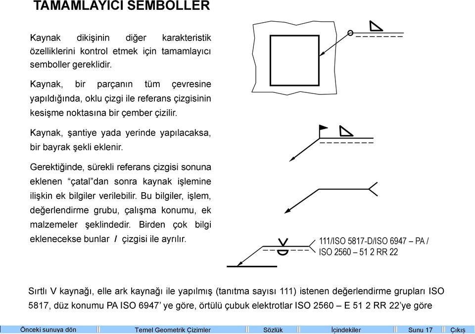 Gerektiğinde, sürekli referans çizgisi sonuna eklenen çatal dan sonra kaynak işlemine ilişkin ek bilgiler verilebilir.