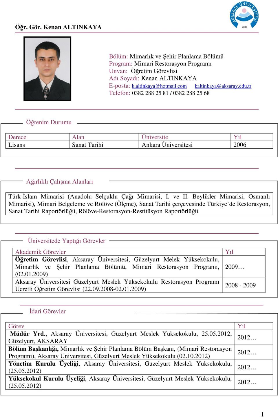 tr Telefon: 0382 288 25 81 / 0382 288 25 68 Öğrenim Durumu Derece Alan Üniversite Lisans Sanat Tarihi Ankara Üniversitesi 2006 Ağırlıklı Çalışma Alanları Türk-İslam Mimarisi (Anadolu Selçuklu Çağı