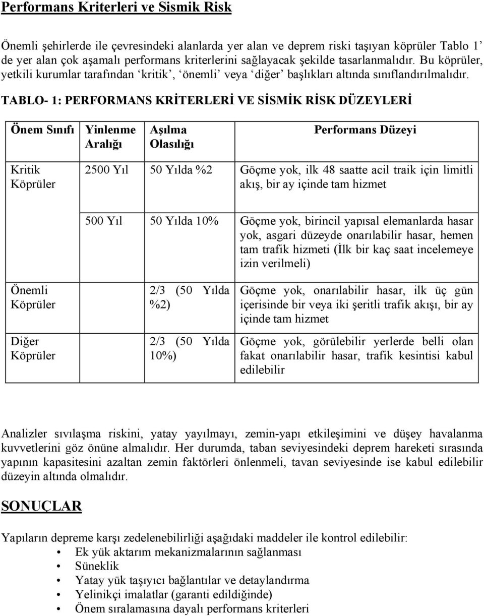 TABLO- 1: PERFORMANS KRİTERLERİ VE SİSMİK RİSK DÜZEYLERİ Önem Sınıfı Yinlenme Aralığı Aşılma Olasılığı Performans Düzeyi Kritik Köprüler 2500 Yıl 50 Yılda %2 Göçme yok, ilk 48 saatte acil traik için