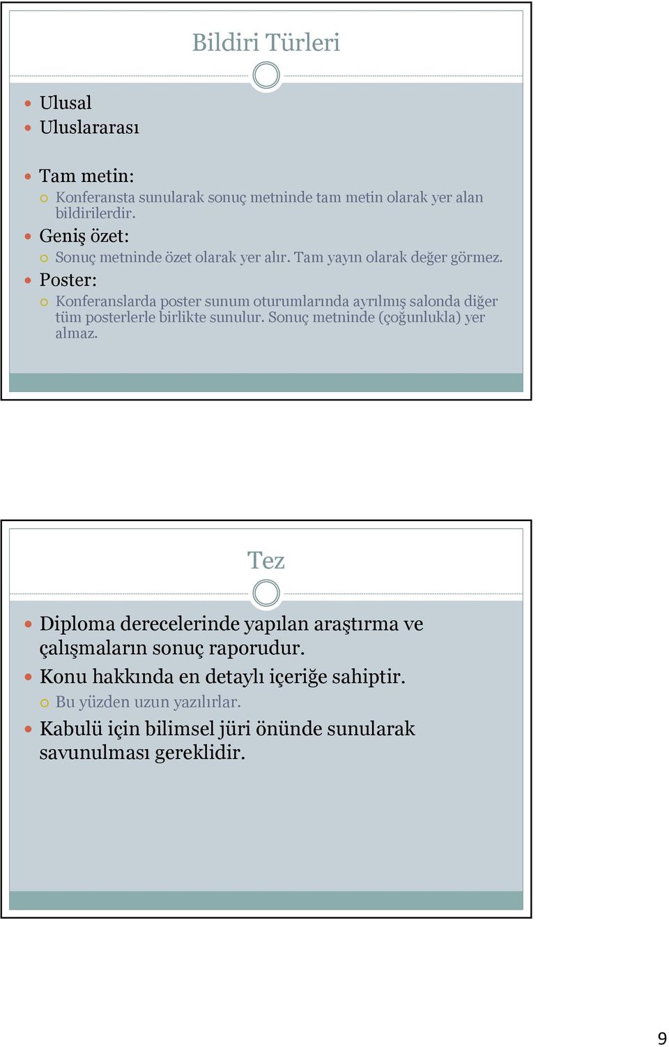 Poster: Konferanslarda poster sunum oturumlarında ayrılmış salonda diğer tüm posterlerle birlikte sunulur.