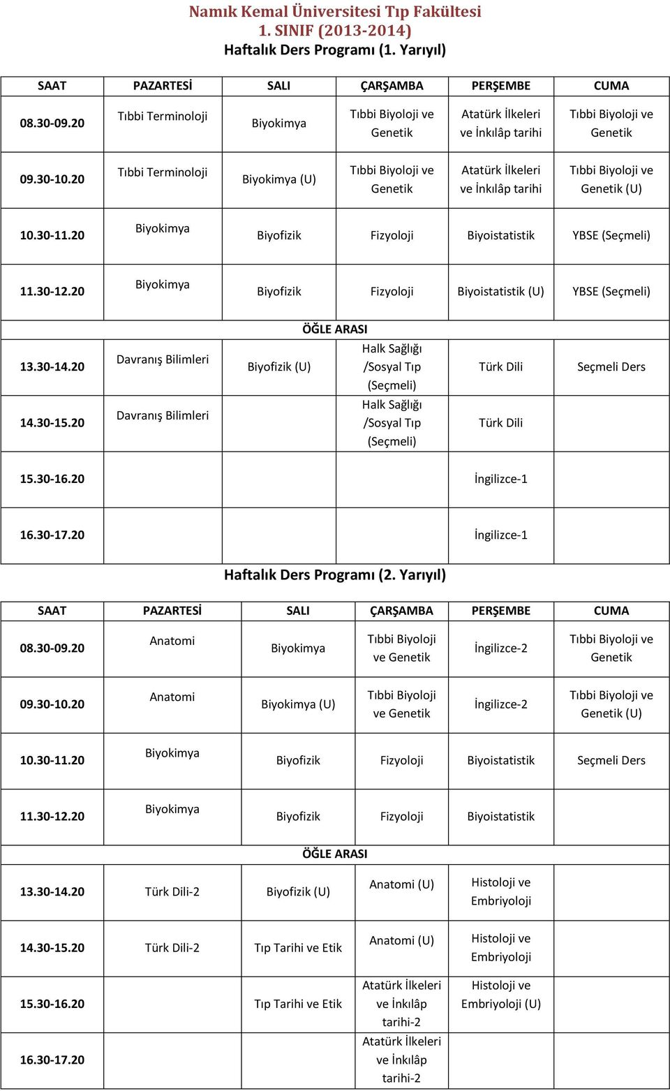 20 Tıbbi Terminoloji Biyokimya (U) Tıbbi Biyoloji ve Genetik Atatürk İlkeleri ve İnkılâp tarihi Tıbbi Biyoloji ve Genetik (U) 10.30-11.