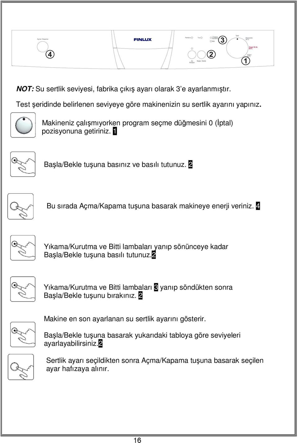 2 Bu sırada Açma/Kapama tuşuna basarak makineye enerji veriniz. 4 Yıkama/Kurutma ve Bitti lambaları yanıp sönünceye kadar Başla/Bekle tuşuna basılı tutunuz.