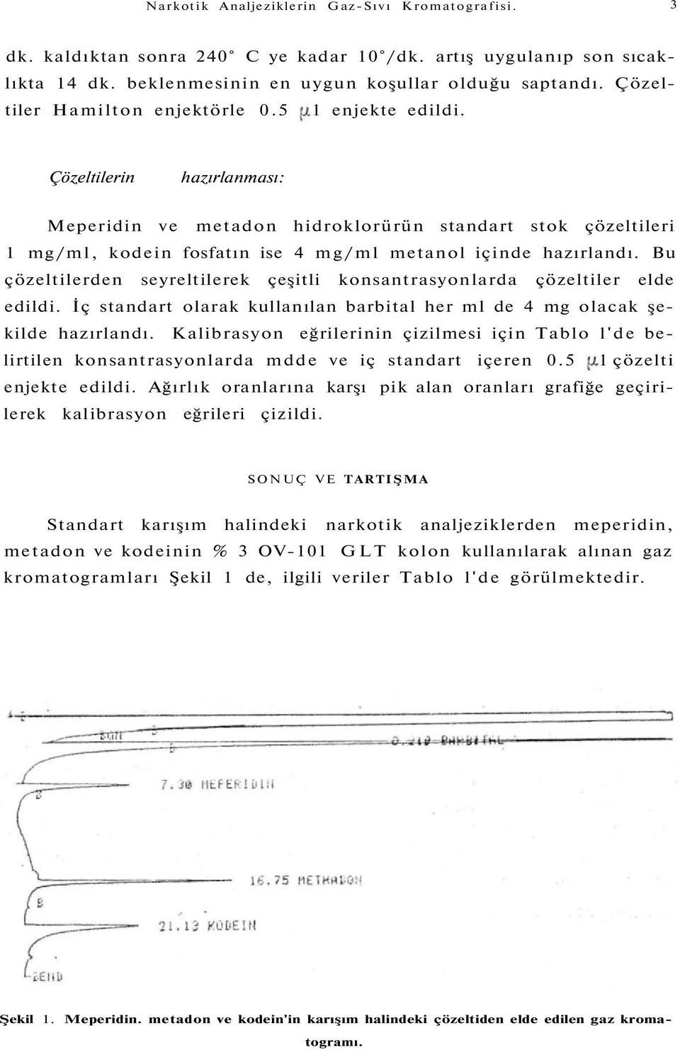 Çözeltilerin hazırlanması: Meperidin ve metadon hidroklorürün standart stok çözeltileri 1 mg/ml, kodein fosfatın ise 4 mg/ml metanol içinde hazırlandı.