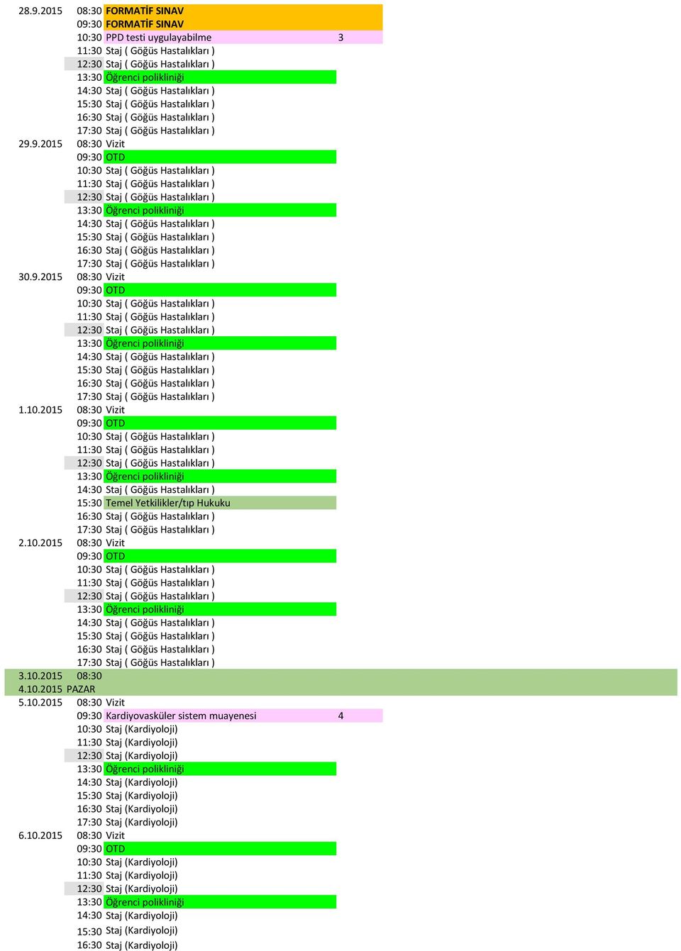 2015 08:30 Vizit Staj ( Göğüs Hastalıkları ) Temel Yetkilikler/tıp Hukuku Staj ( Göğüs Hastalıkları ) Staj ( Göğüs Hastalıkları ) 2.10.