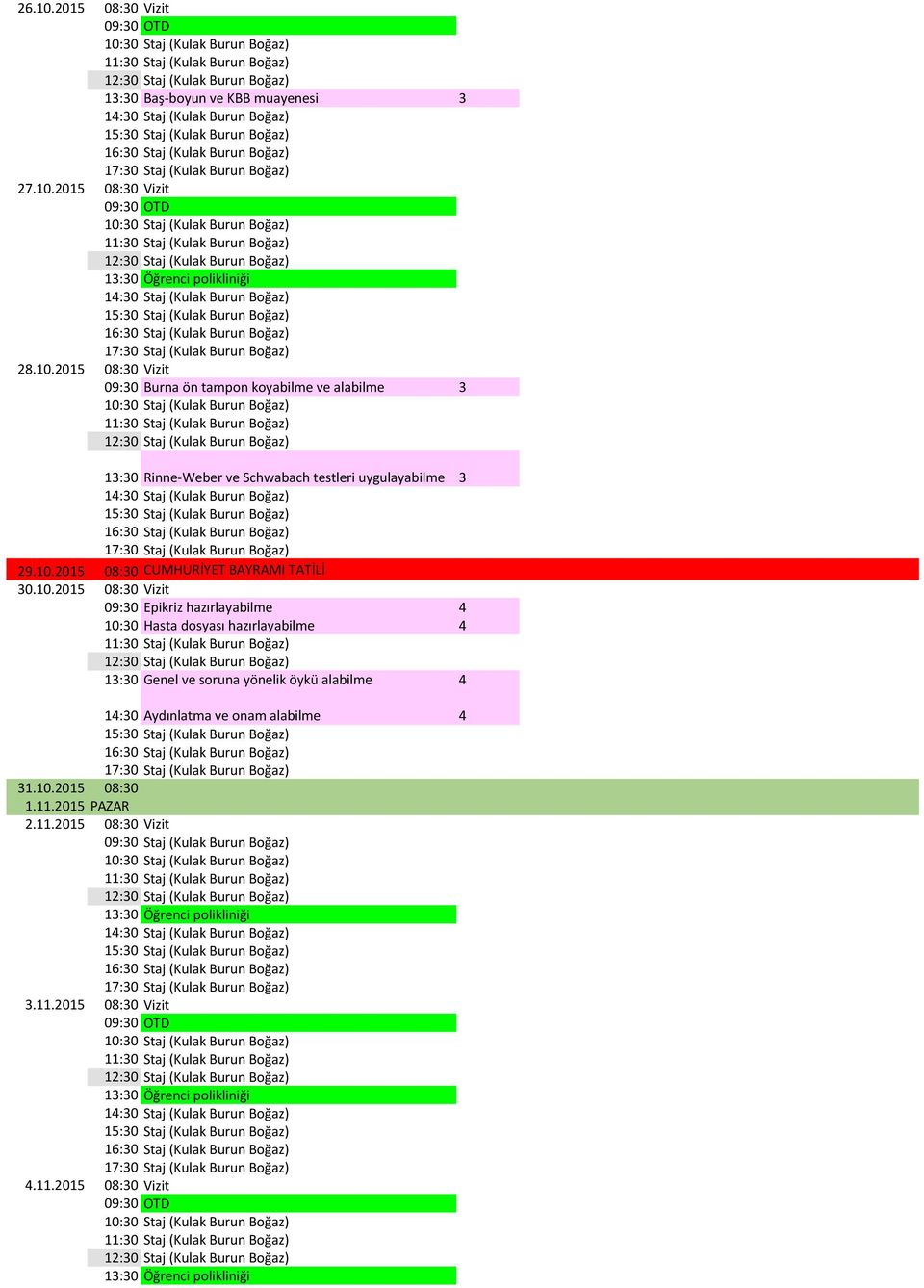 10.2015 08:30 Vizit 09:30 Epikriz hazırlayabilme 4 10:30 Hasta dosyası hazırlayabilme 4 Staj (Kulak Burun Boğaz) Genel ve soruna yönelik öykü alabilme 4 14:30 Aydınlatma ve onam alabilme 4 Staj