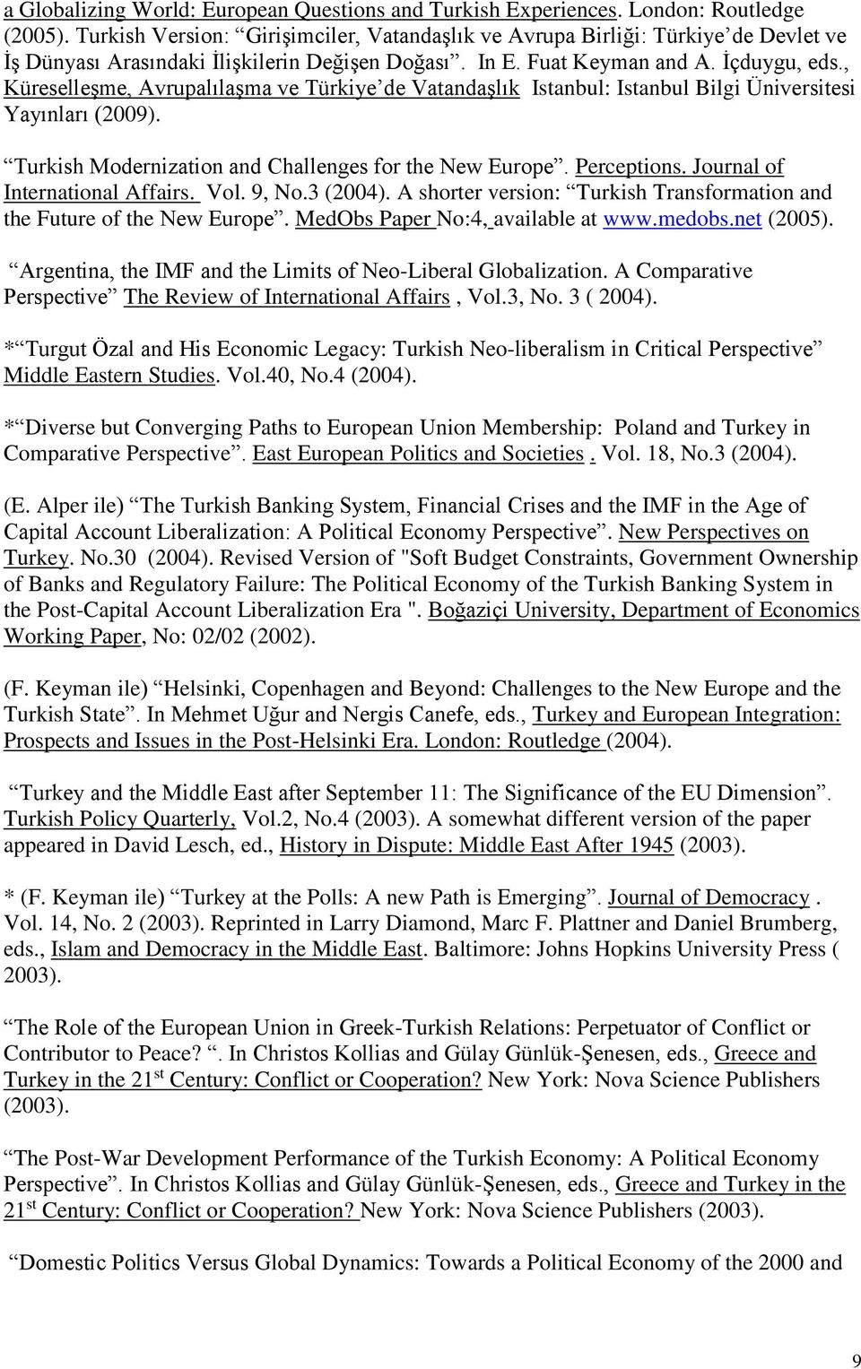 , Küreselleşme, Avrupalılaşma ve Türkiye de Vatandaşlık Istanbul: Istanbul Bilgi Üniversitesi Yayınları (2009). Turkish Modernization and Challenges for the New Europe. Perceptions.