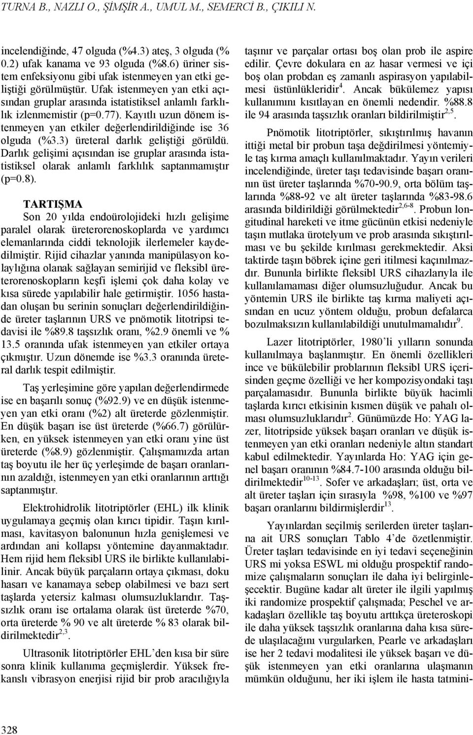 Kayıtlı uzun dönem istenmeyen yan etkiler değerlendirildiğinde ise 36 olguda (%3.3) üreteral darlık geliştiği görüldü.