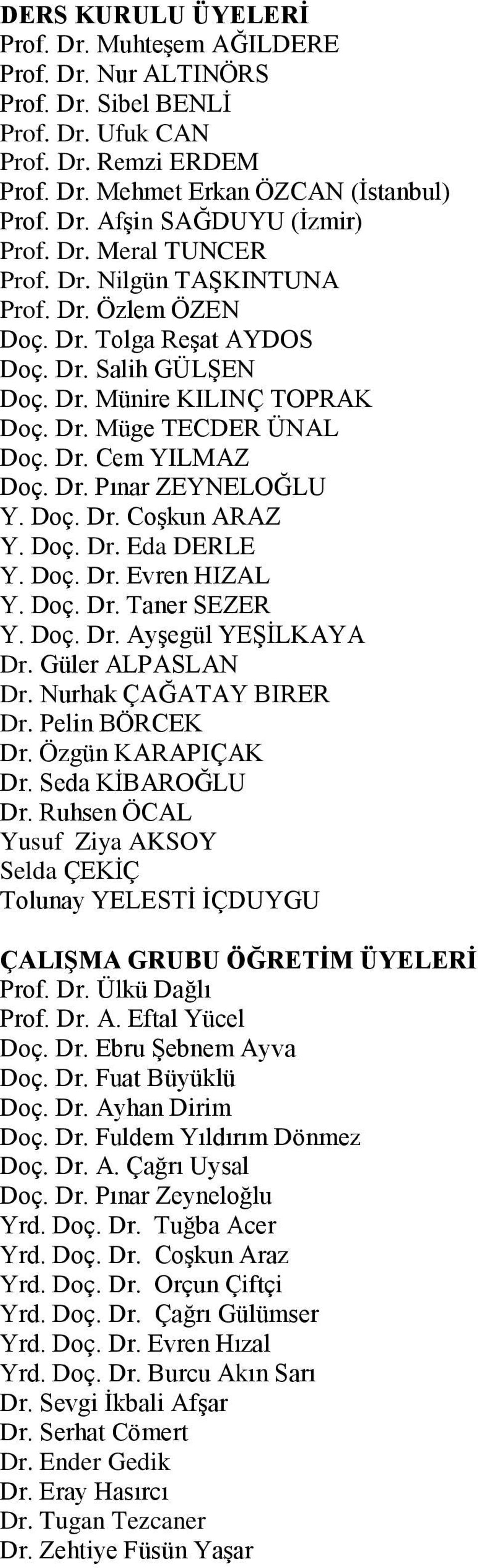 Doç. Dr. Coşkun ARAZ Y. Doç. Dr. Eda DERLE Y. Doç. Dr. Evren HIZAL Y. Doç. Dr. Taner SEZER Y. Doç. Dr. Ayşegül YEŞİLKAYA Dr. Güler ALPASLAN Dr. Nurhak ÇAĞATAY BIRER Dr. Pelin BÖRCEK Dr.