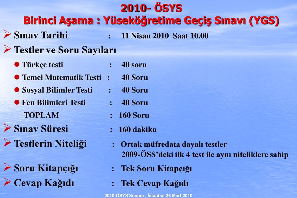 Fen Bilimleri Testi : 40 Soru TOPLAM Sınav Süresi Testlerin Niteliği Soru Kitapçığı Cevap Kağıdı : 160 Soru : 160