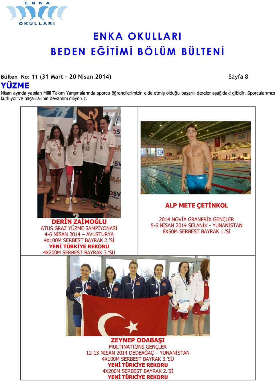 ALP METE ÇETİNKOL DERİN ZAİMOĞLU ATUS GRAZ YÜZME ŞAMPİYONASI 4-6 NİSAN 2014 AVUSTURYA 4X100M SERBEST BAYRAK 2. Sİ YENİ TÜRKİYE REKORU 4X200M SERBEST BAYRAK 3.