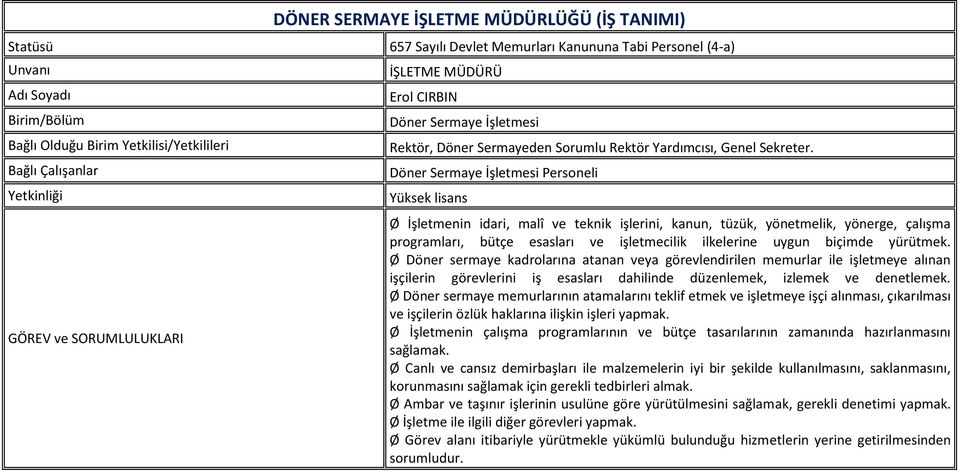 Döner Sermaye İşletmesi Personeli Yüksek lisans Ø İşletmenin idari, malî ve teknik işlerini, kanun, tüzük, yönetmelik, yönerge, çalışma programları, bütçe esasları ve işletmecilik ilkelerine uygun