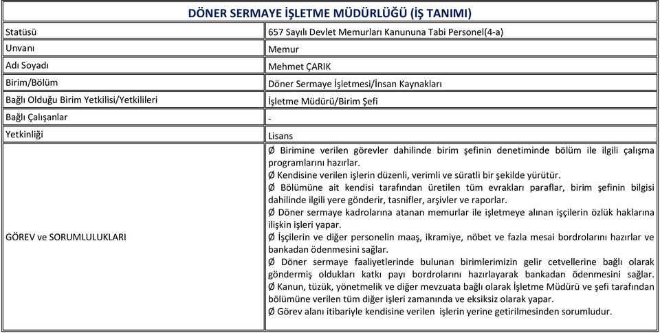 Ø İşçilerin ve diğer personelin maaş, ikramiye, nöbet ve fazla mesai bordrolarını hazırlar ve bankadan ödenmesini sağlar.