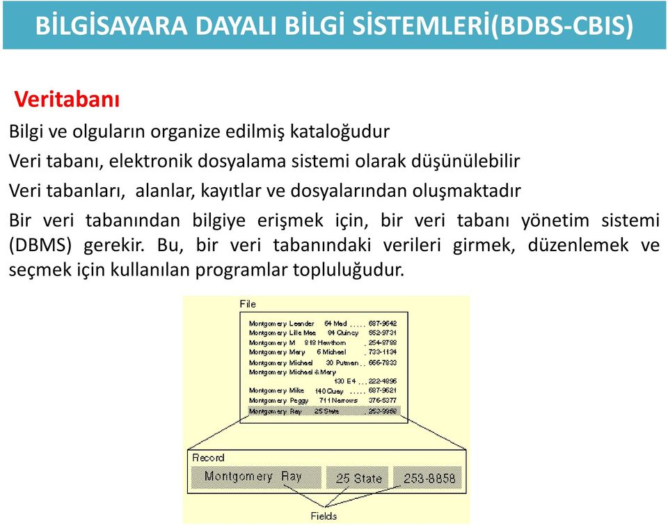 dosyalarından oluşmaktadır Bir veri tabanından bilgiye erişmek için, bir veri tabanı yönetim sistemi