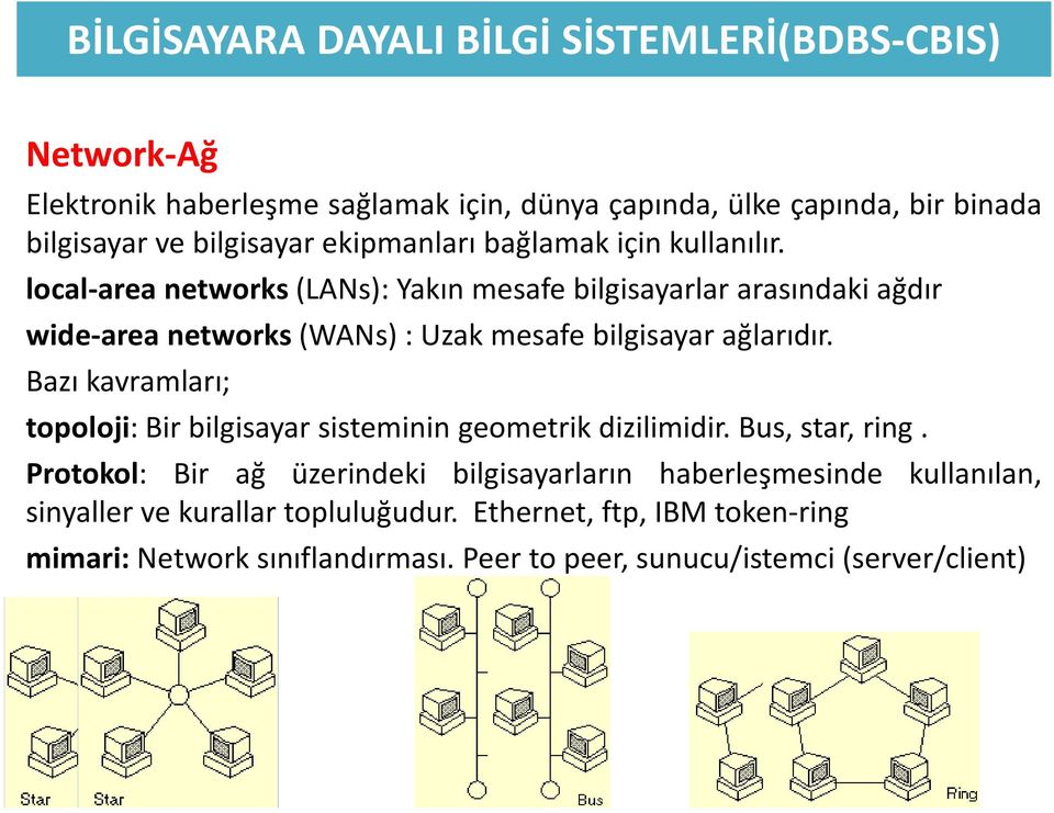 local-area networks(lans): Yakın mesafe bilgisayarlar arasındaki ağdır wide-area networks(wans): Uzak mesafe bilgisayar ağlarıdır.