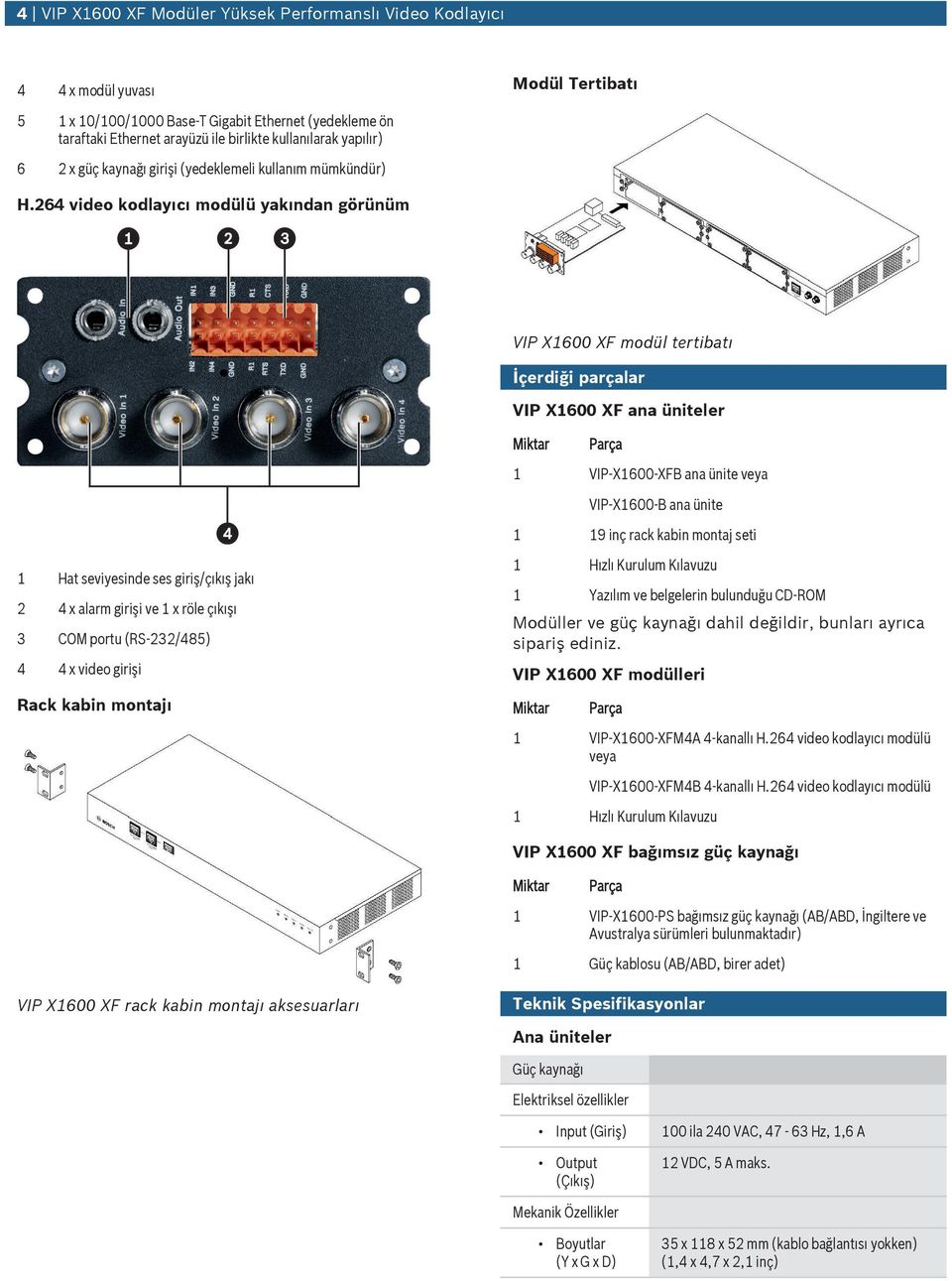264 video kodlayıcı modülü yakından görünüm VIP X1600 XF modül tertibatı İçerdiği parçalar VIP X1600 XF ana üniteler 1 Hat seviyesinde ses giriş/çıkış jakı 2 4 x alarm girişi ve 1 x röle çıkışı 3 COM