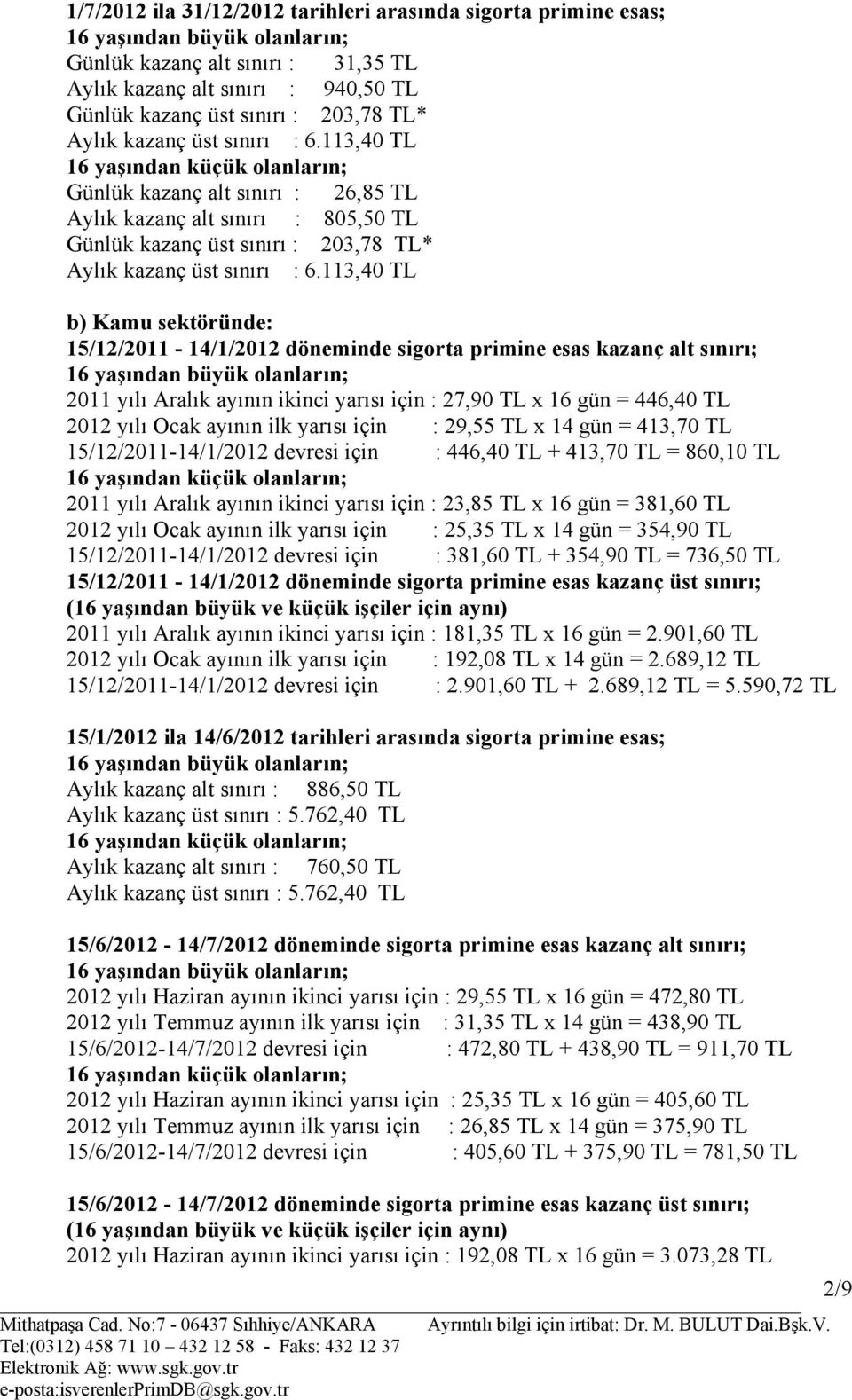 113,40 TL b) Kamu sektöründe: 15/12/2011-14/1/2012 döneminde sigorta primine esas kazanç alt sınırı; 2011 yılı Aralık ayının ikinci yarısı için : 27,90 TL x 16 gün = 446,40 TL 2012 yılı Ocak ayının