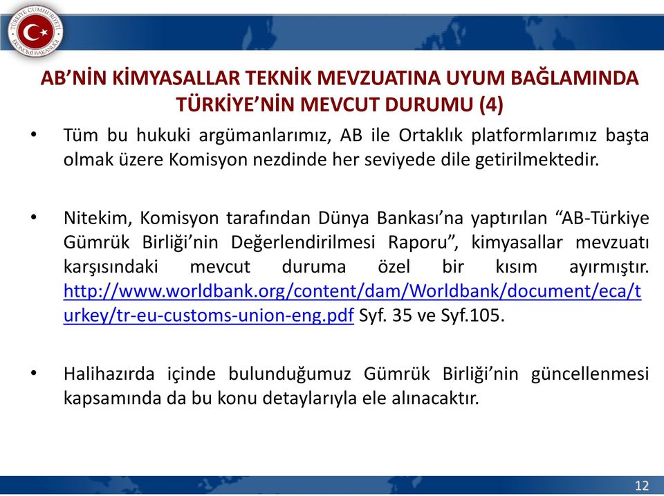 Nitekim, Komisyon tarafından Dünya Bankası na yaptırılan AB-Türkiye Gümrük Birliği nin Değerlendirilmesi Raporu, kimyasallar mevzuatı karşısındaki mevcut