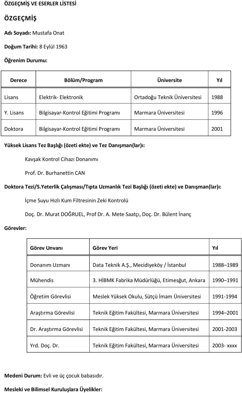 Lisans Bilgisayar-Kontrol Eğitimi Programı Marmara Üniversitesi 1996 Doktora Bilgisayar-Kontrol Eğitimi Programı Marmara Üniversitesi 2001 Yüksek Lisans Tez Başlığı (özeti ekte) ve Tez