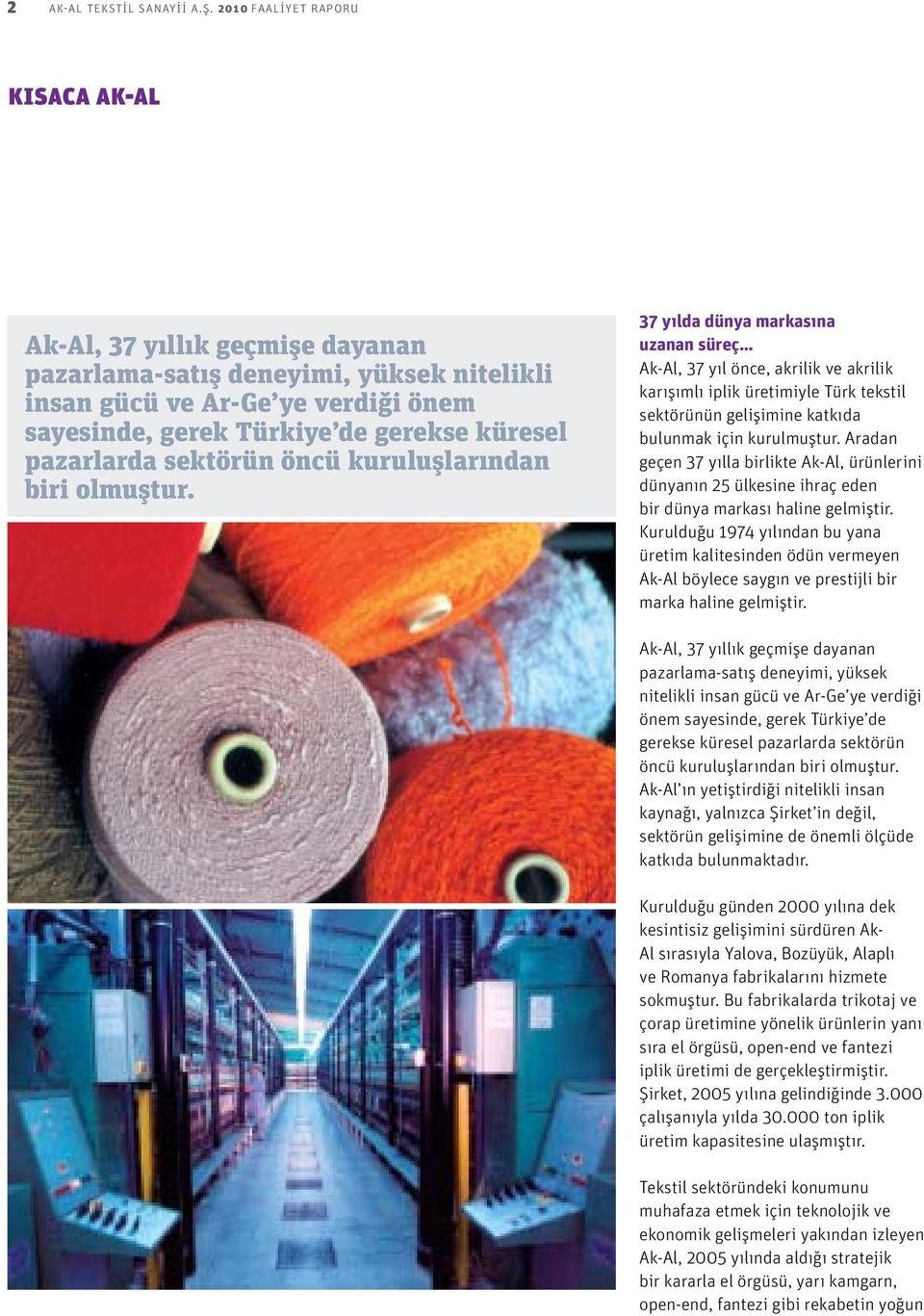 37 yılda dünya markasına uzanan süreç Ak-Al, 37 yıl önce, akrilik ve akrilik karışımlı iplik üretimiyle Türk tekstil sektörünün gelişimine katkıda bulunmak için kurulmuştur.