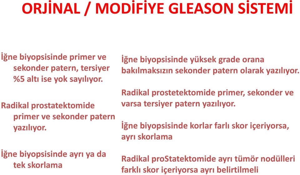 İğne biyopsisinde ayrı ya da tek skorlama İğne biyopsisinde yüksek grade orana bakılmaksızın sekonder patern olarak yazılıyor.