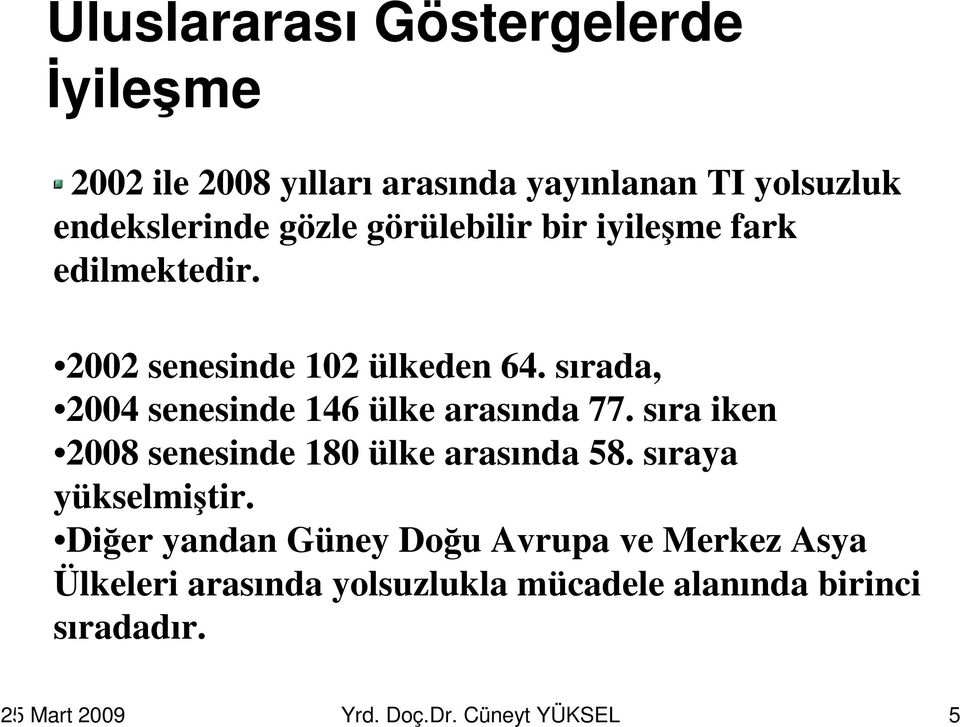 sırada, 2004 senesinde 146 ülke arasında 77. sıra iken 2008 senesinde 180 ülke arasında 58. sıraya yükselmiştir.