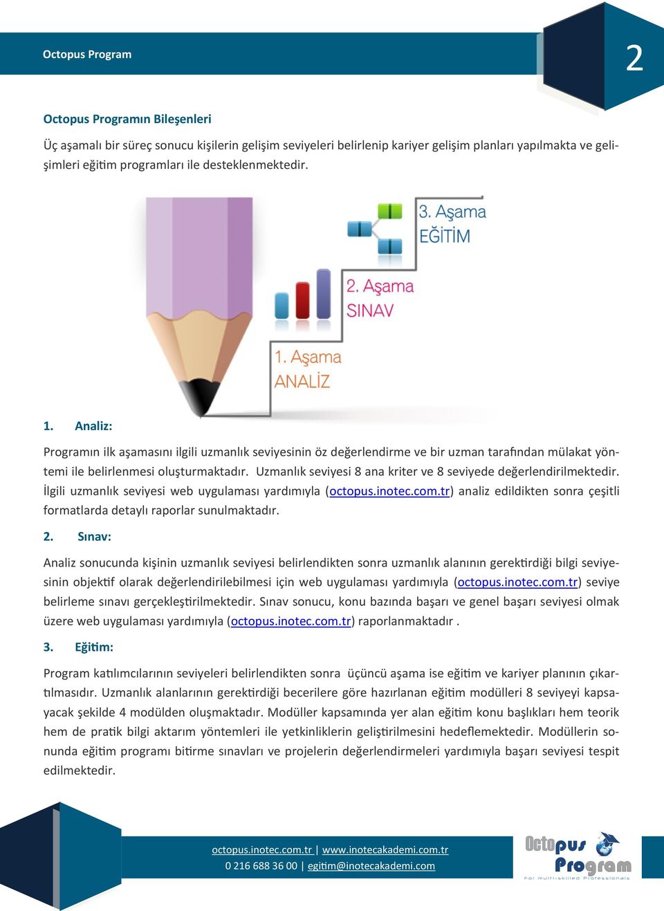 Uzmanlık seviyesi 8 ana kriter ve 8 seviyede değerlendirilmektedir. İlgili uzmanlık seviyesi web uygulaması yardımıyla (octopus.inotec.com.