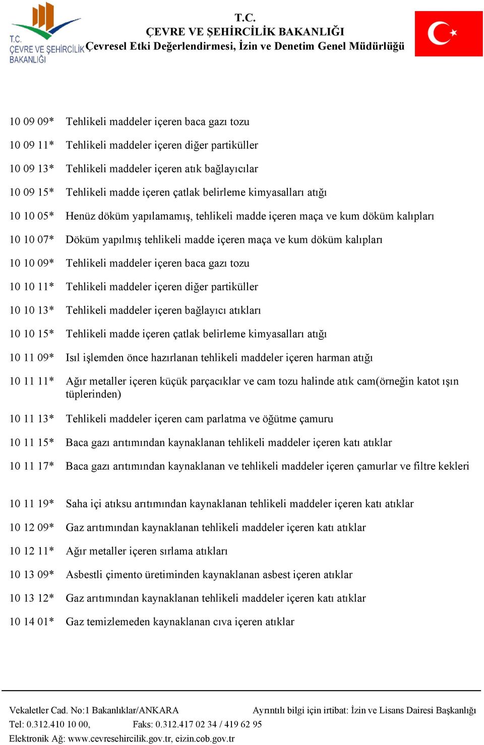 09* Tehlikeli maddeler içeren baca gazı tozu 10 10 11* Tehlikeli maddeler içeren diğer partiküller 10 10 13* Tehlikeli maddeler içeren bağlayıcı atıkları 10 10 15* Tehlikeli madde içeren çatlak