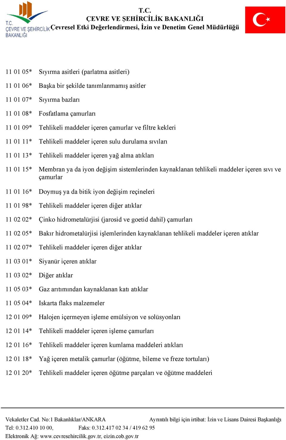 tehlikeli maddeler içeren sıvı ve çamurlar 11 01 16* Doymuş ya da bitik iyon değişim reçineleri 11 01 98* Tehlikeli maddeler içeren diğer atıklar 11 02 02* Çinko hidrometalürjisi (jarosid ve goetid