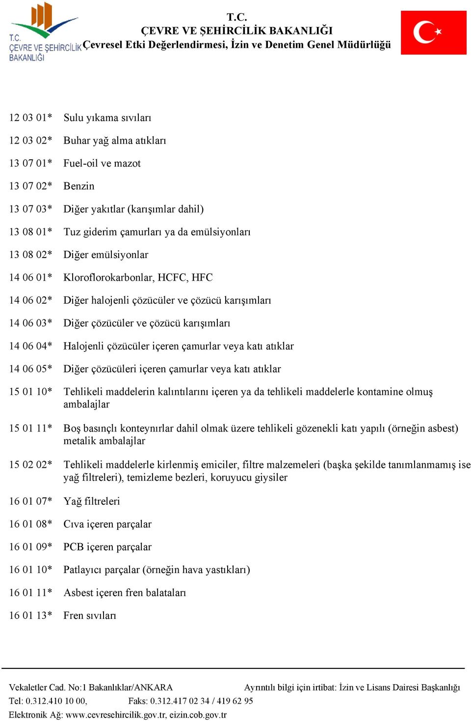 Halojenli çözücüler içeren çamurlar veya katı atıklar 14 06 05* Diğer çözücüleri içeren çamurlar veya katı atıklar 15 01 10* Tehlikeli maddelerin kalıntılarını içeren ya da tehlikeli maddelerle