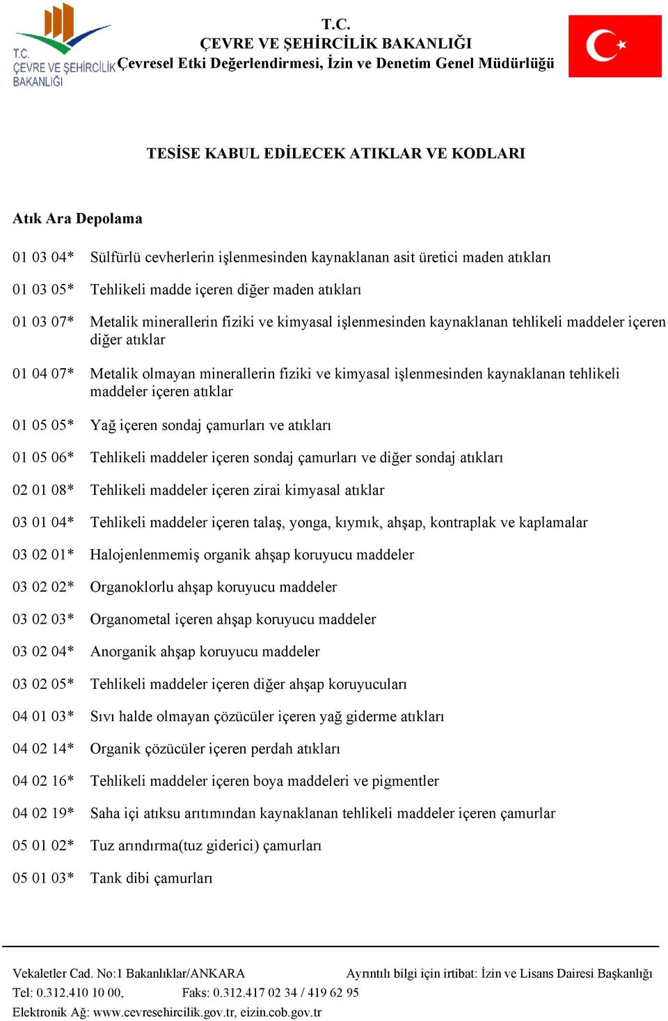 tehlikeli maddeler içeren atıklar 01 05 05* Yağ içeren sondaj çamurları ve atıkları 01 05 06* Tehlikeli maddeler içeren sondaj çamurları ve diğer sondaj atıkları 02 01 08* Tehlikeli maddeler içeren