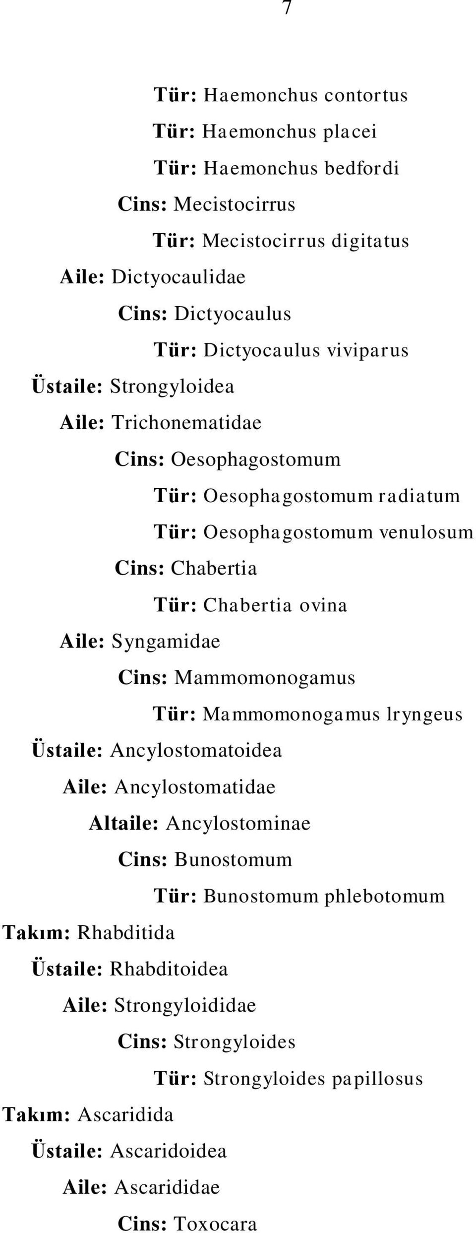 ovina Aile: Syngamidae Cins: Mammomonogamus Tür: Mammomonogamus lryngeus Üstaile: Ancylostomatoidea Aile: Ancylostomatidae Altaile: Ancylostominae Cins: Bunostomum Tür: Bunostomum